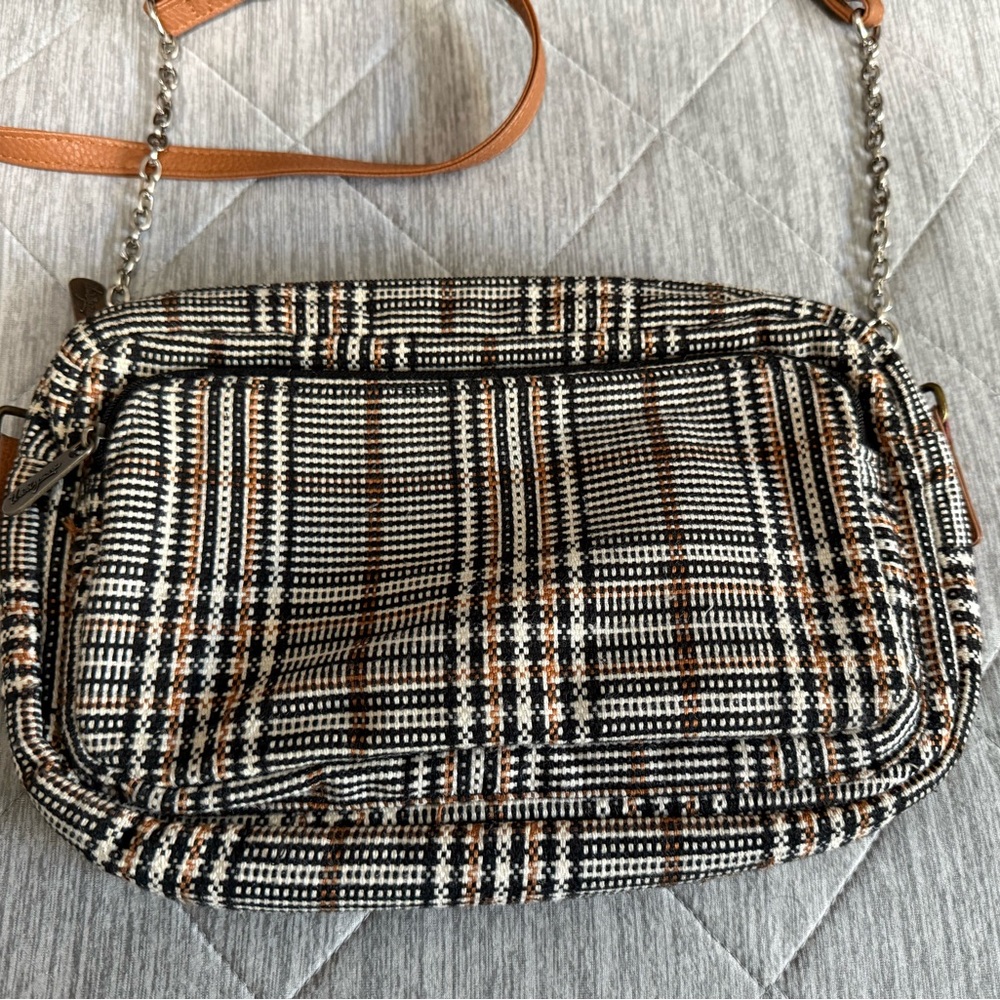 Thirty-One Black and White Plaid Crossbody Bag with Brown Strap